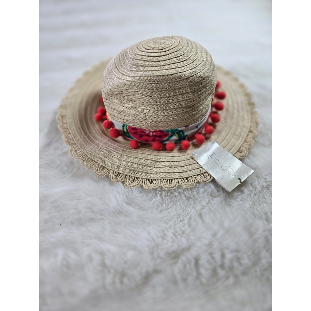 Joie Kids Straw Sun Beach Garden Hat Watermelon Print Pom Pom Scalloped Brim NEW